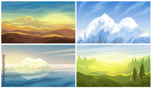 Desert, iceberg, forest, mountains landscape