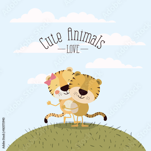 color scene sky landscape and grass with couple of tigers one carrying the other cute animals love vector illustration