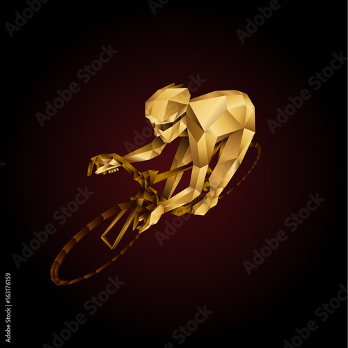 Abstract golden Polygonal cyclist. Cycle racing low poly sport vector background.