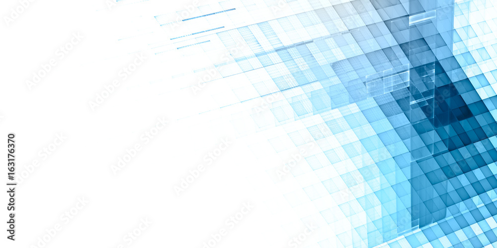Abstract background. Fractal graphics series. Three-dimensional composition of textured grids. Wide format high resolution image. Blue and white colors.