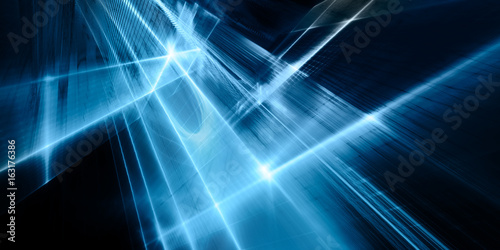Abstract background element. Fractal graphics series. Three-dimensional composition of repeating grids and glitches. Blue and black colors.