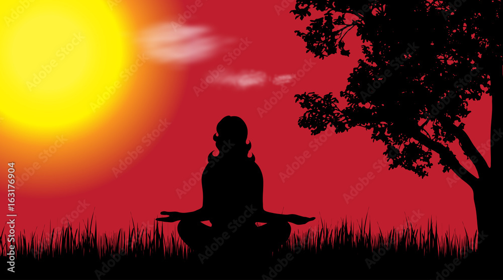 Vector silhouette of woman in nature at sunset.