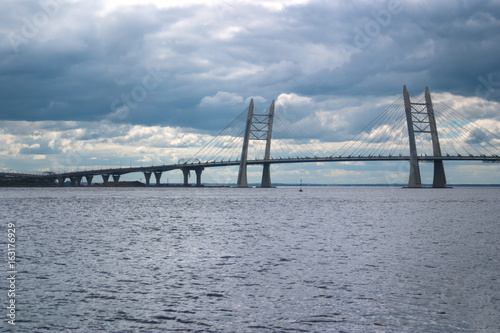 Cable-stayed bridge over Korabelny fairway - part of the Western high-speed diameter in Saint-Petersburg.