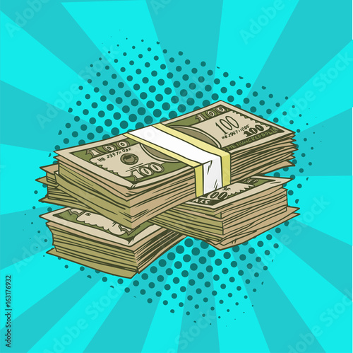 A pack of dollars pop art. Denominations of 100 in the comic style. Vector illustration. EPS 10.