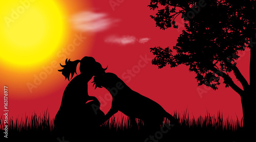 Vector silhouette of woman with dog in nature at sunset.