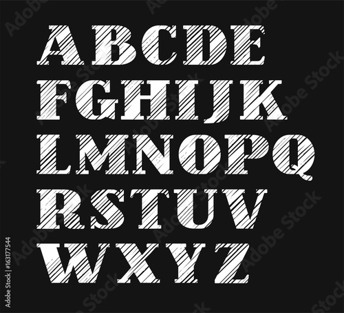 English font, diagonal hatch, white, black background, vector. English alphabet, capital letters with serifs.   
