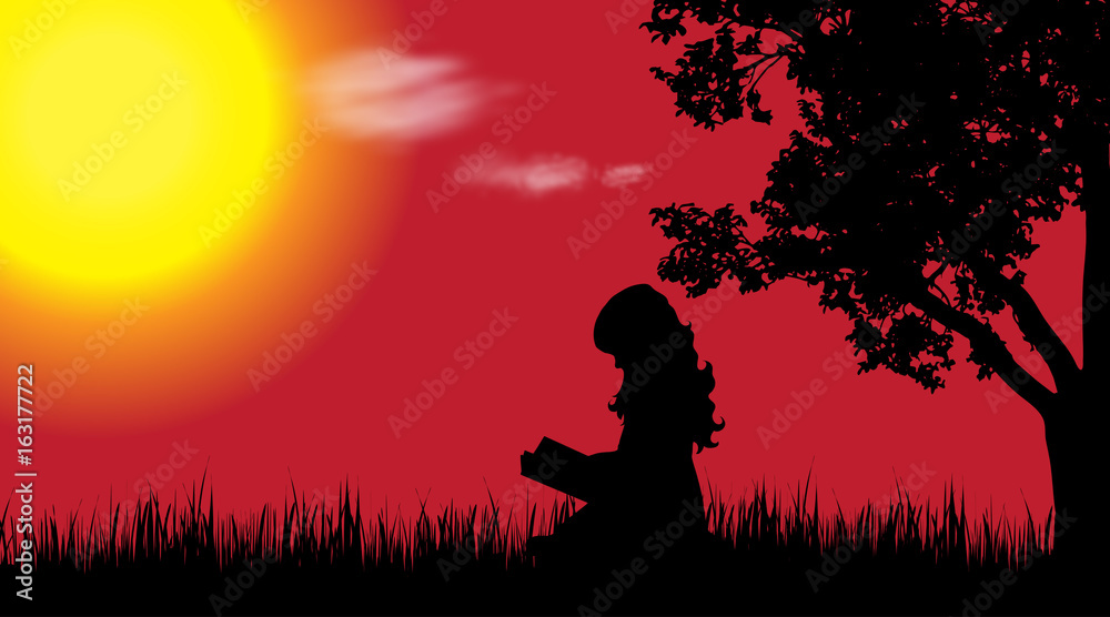 Vector silhouette of girl in nature at sunset.