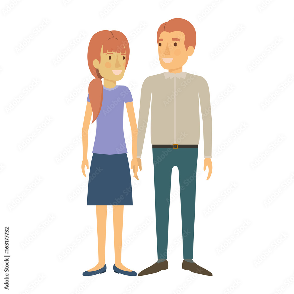 colorful silhouette of man and woman standing and her with ponytail and him in casual clothes and both with reddish hair vector illustration colorful silhouette of man and woman standing and her with ponytail and him in casual clothes and both with reddish hair vector illustration