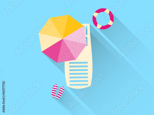 Beach flat icons with long shadow. Chaise lounge with umbrella. Lifebuoy. Vector illustration