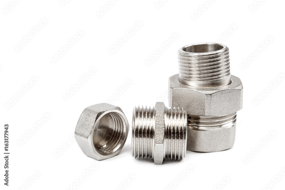 Plumbing metal coupling, an adapte on white background. Plumbing metal coupling, an adapte on white background.