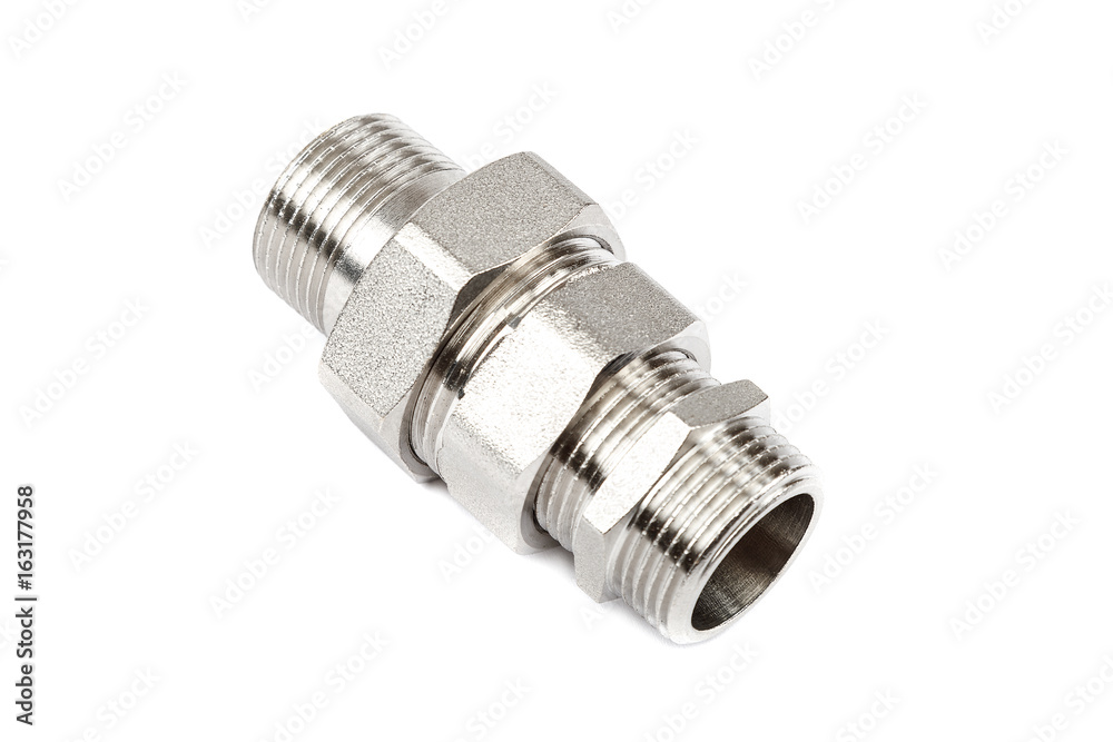 Plumbing metal coupling, an adapte on white background. Plumbing metal coupling, an adapte on white background.