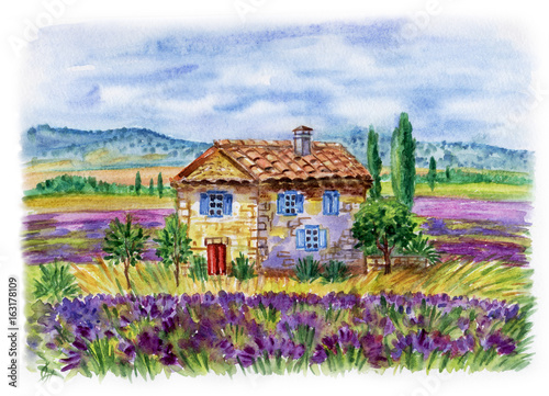 Obraz na płótnie Krajobraz z domem i lawendowymi polami przeciw tłu góry. Ilustracja akwarela w stylu Prowansji.