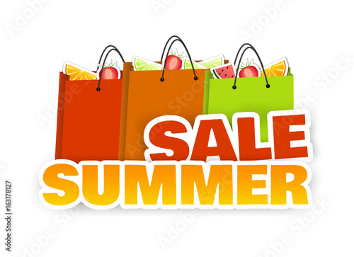 Summer sale. Vector poster with shopping bags and fruits. Template banner with bright bags and fruits isolated on white background