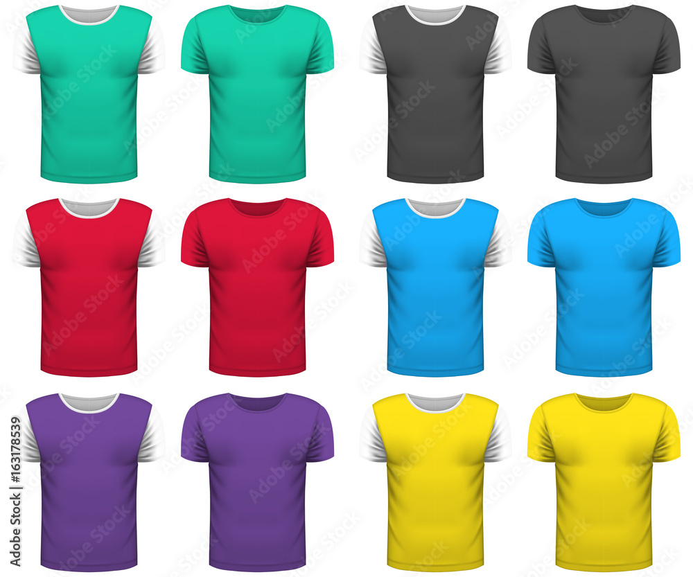 Design collection of realistic T-shirts mock up on white background. Youth T-shirts for Your business project. Sport and pop T-shirt styles. Vector Illustration Design collection of realistic T-shirts mock up on white background. Youth T-shirts for Your business project. Sport and pop T-shirt styles. Vector Illustration