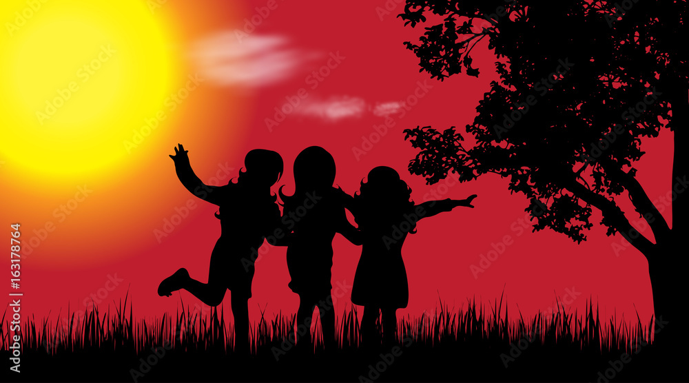 Vector silhouette of children in nature at sunset. Vector silhouette of children in nature at sunset.