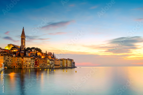 Rovinj old town at night in Adriatic sea