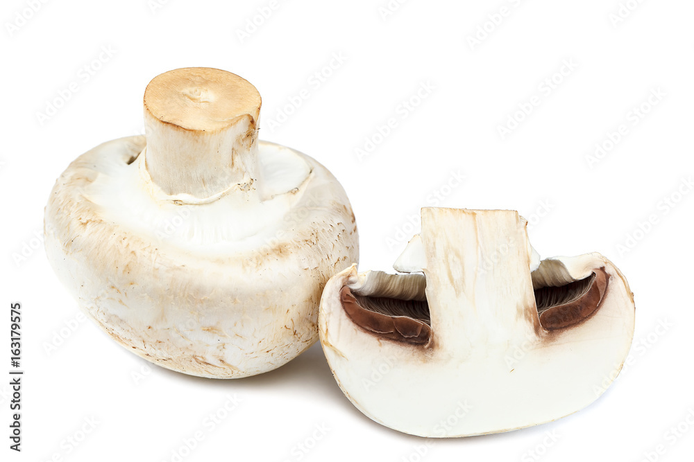 Fototapeta premium Fresh mushrooms champignons on white background.