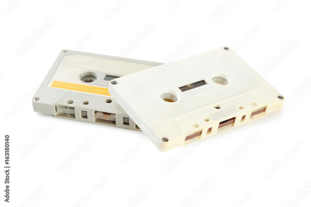 White cassette tapes isolated on white background