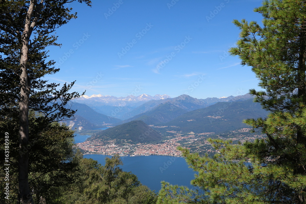 Panoramic view from Mount Sasso del Ferro in Laveno to landscape of Lake Maggiore, Italy