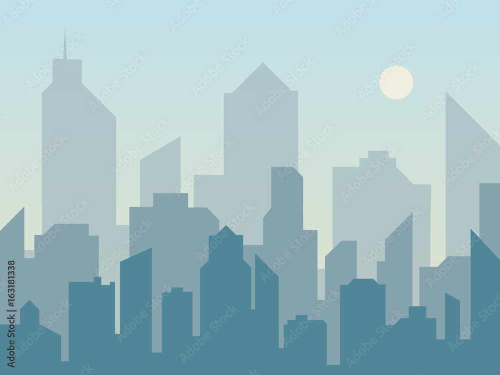 Morning city skyline silhouette in flat style. Modern urban landscape. Cityscape backgrounds. Vector illustration