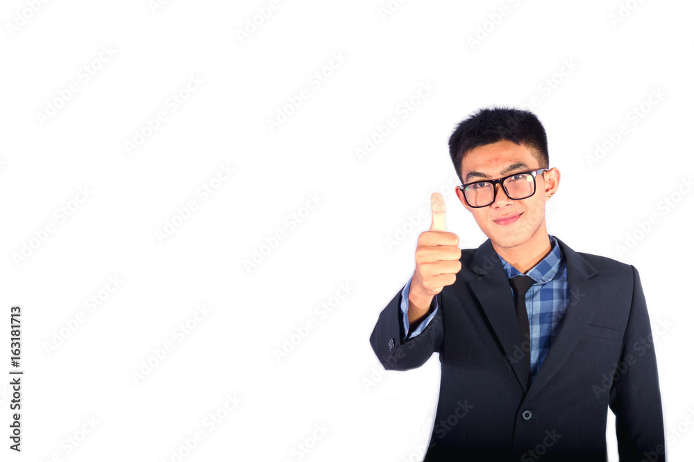 Successful cheering business man holding his thumb up which posing in studio.Isolated on white, including clipping path Successful cheering business man holding his thumb up which posing in studio.Isolated on white, including clipping path