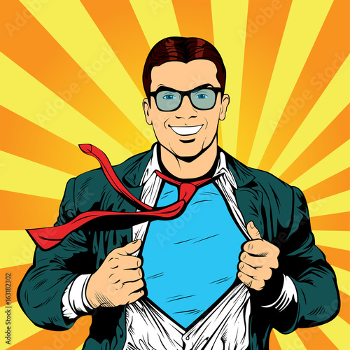 Super hero male businessman pop art retro illustration. Strong Businessman in glasses in comic style. Success concept.