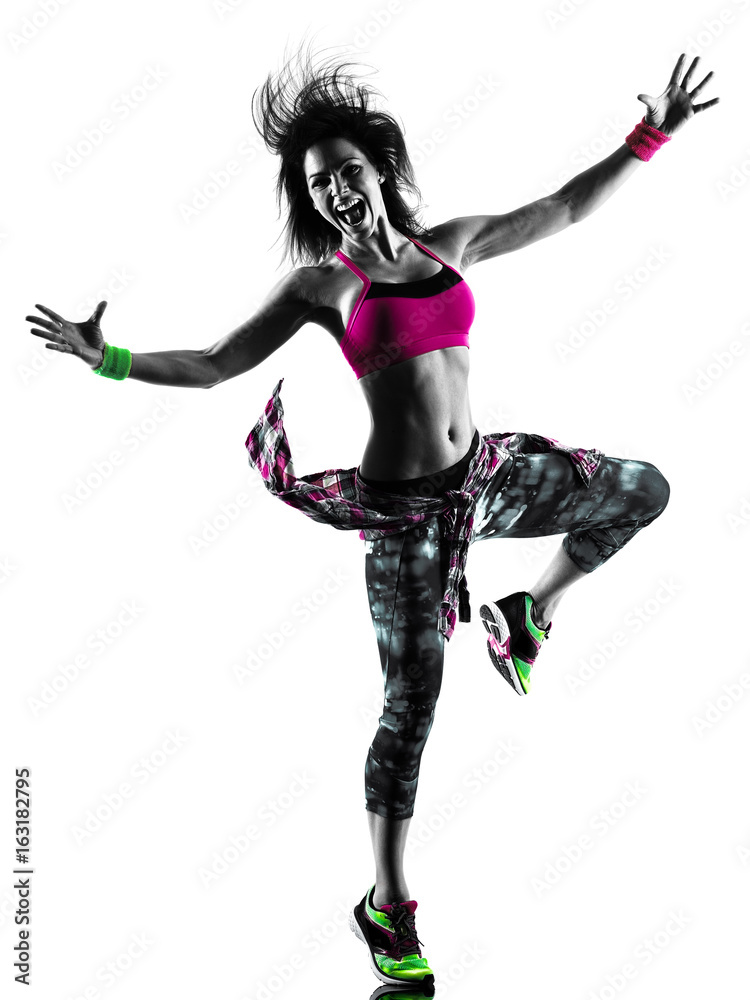 one caucasian woman zumba fitness exercises dancer dancing isolated in silhouette on white background one caucasian woman zumba fitness exercises dancer dancing isolated in silhouette on white background