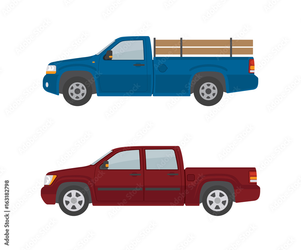 Two pickup trucks isolated on white background. Flat style, vector illustration. 
