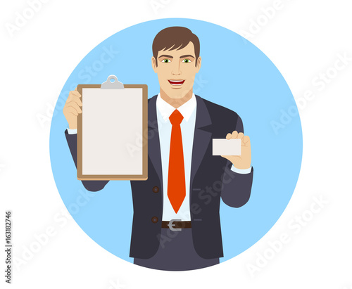 Businessman holding the clipboard and showing the business card