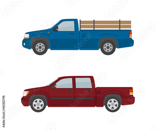 Two pickup trucks isolated on white background. Flat style, vector illustration. 