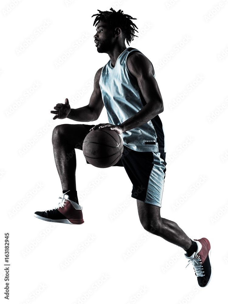 Fototapeta premium one afro-american african basketball player man isolated in silhouette shadow on white background