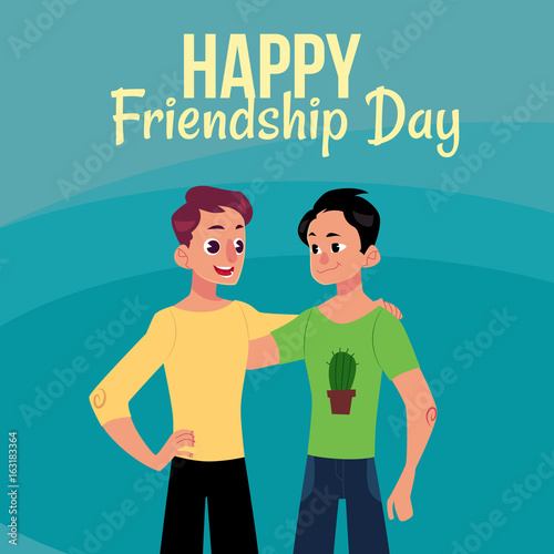 Happy friendship day greeting card design with two men, friends hugging each other, cartoon vector illustration on blue background. Half length portrait of male friends, friendship day greeting card