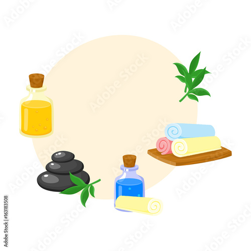 Set of spa salon accessories - hot stones, massage oil, rolled up towels, cartoon vector illustration with space for text. Hot stones, massage oil, rolled up towels, cartoon style illustrations