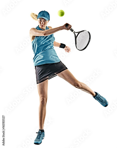 one young caucasian tennis woman isolated in silhouette on white background © snaptitude