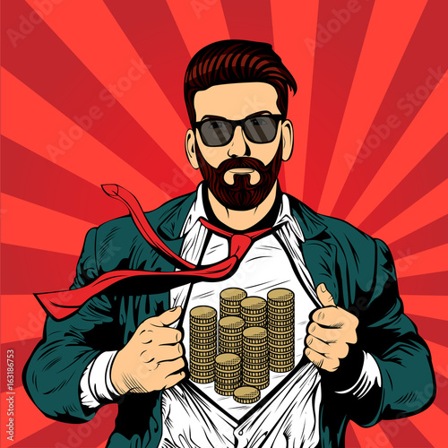 Hipster beard male businessman pop art retro vector illustration. Man with currency under 
 his shirt. Strong Businessman in glasses in comic style. Success concept.