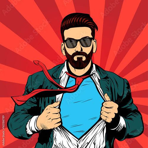 Hipster beard male businessman pop art retro vector illustration. Strong Businessman in glasses in comic style. Success concept. photo