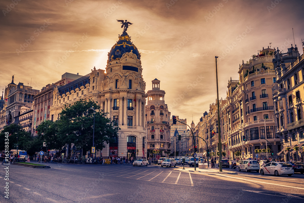 Madrid, Spain: cityscape at Calle de Alcala and Gran Via
