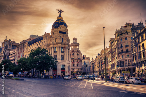 Madrid, Spain: cityscape at Calle de Alcala and Gran Via 