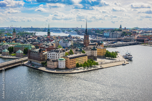 Beautiful aerial view of Stockholm Old town (Gamla Stan) from the observation deck at the City Hall (Stadshuset). Stockholm, Sweden.