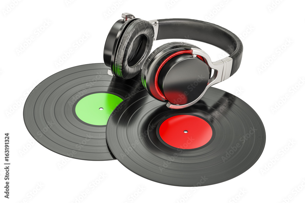 Headphones with vinyl records, 3D rendering Headphones with vinyl records, 3D rendering