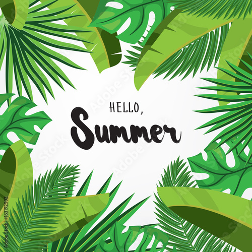 Hello, Summer. Holiday greeting card with tropical palm leaves and calligraphy elements. Handwritten modern lettering with cartoons background.