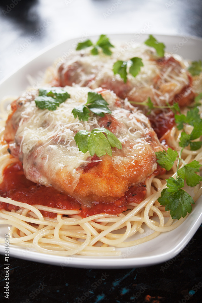 Chicken parmesan with spaghetti pasta