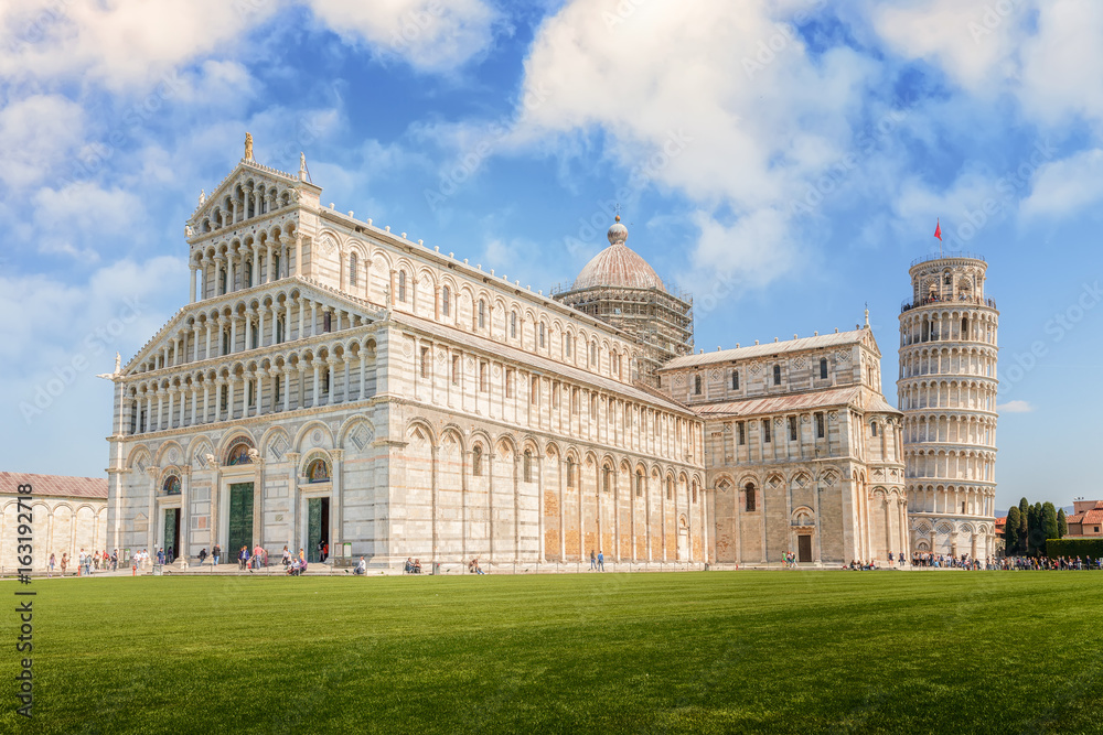 The cathedral with the Leaning Tower in the Piazza dei Miracoli in Pisa