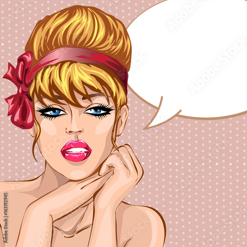 Pin up style sexy beautiful woman portrait with speech bubble, pop art comic girl looking forward vector illustration