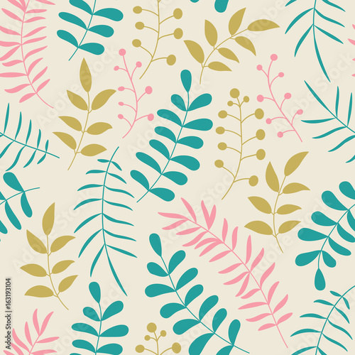 Cute colorful floral seamless pattern with branches and leaves. Doodle forest background. Vector illustration.
