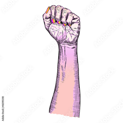 Woman's hand fist raised up freedom sign. Wrist in pink color girl power symbol. Realistic style drawing feminism concept. Emo gothic colors. Vector.