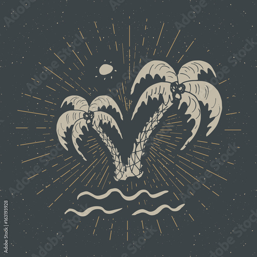 Vintage label, Hand drawn palm trees, grunge textured retro badge template, typography design vector illustration
