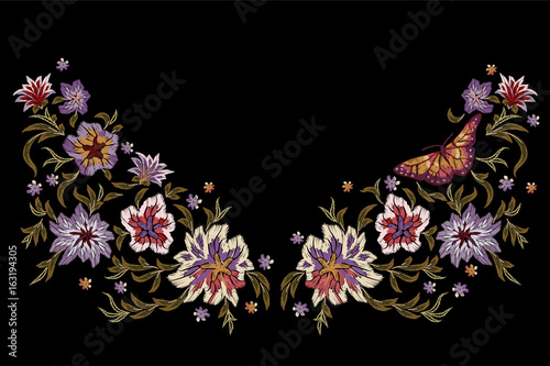 Embroidery ethnic pattern with flowers and butterfly.
