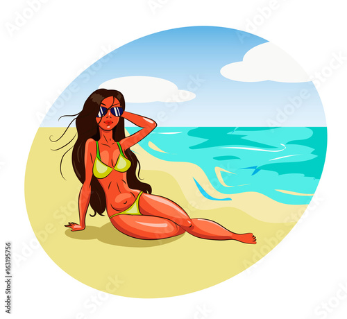 Hot girl in bikini on a beach. Vector illustration