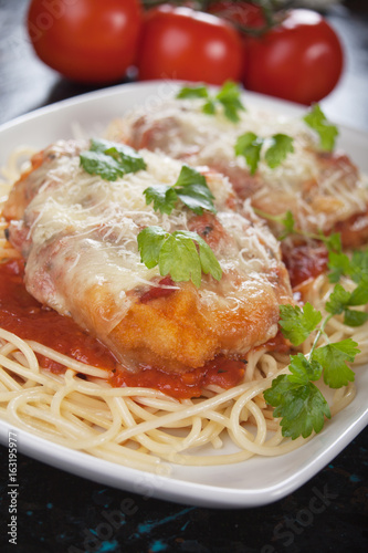 Chicken parmesan with spaghetti pasta